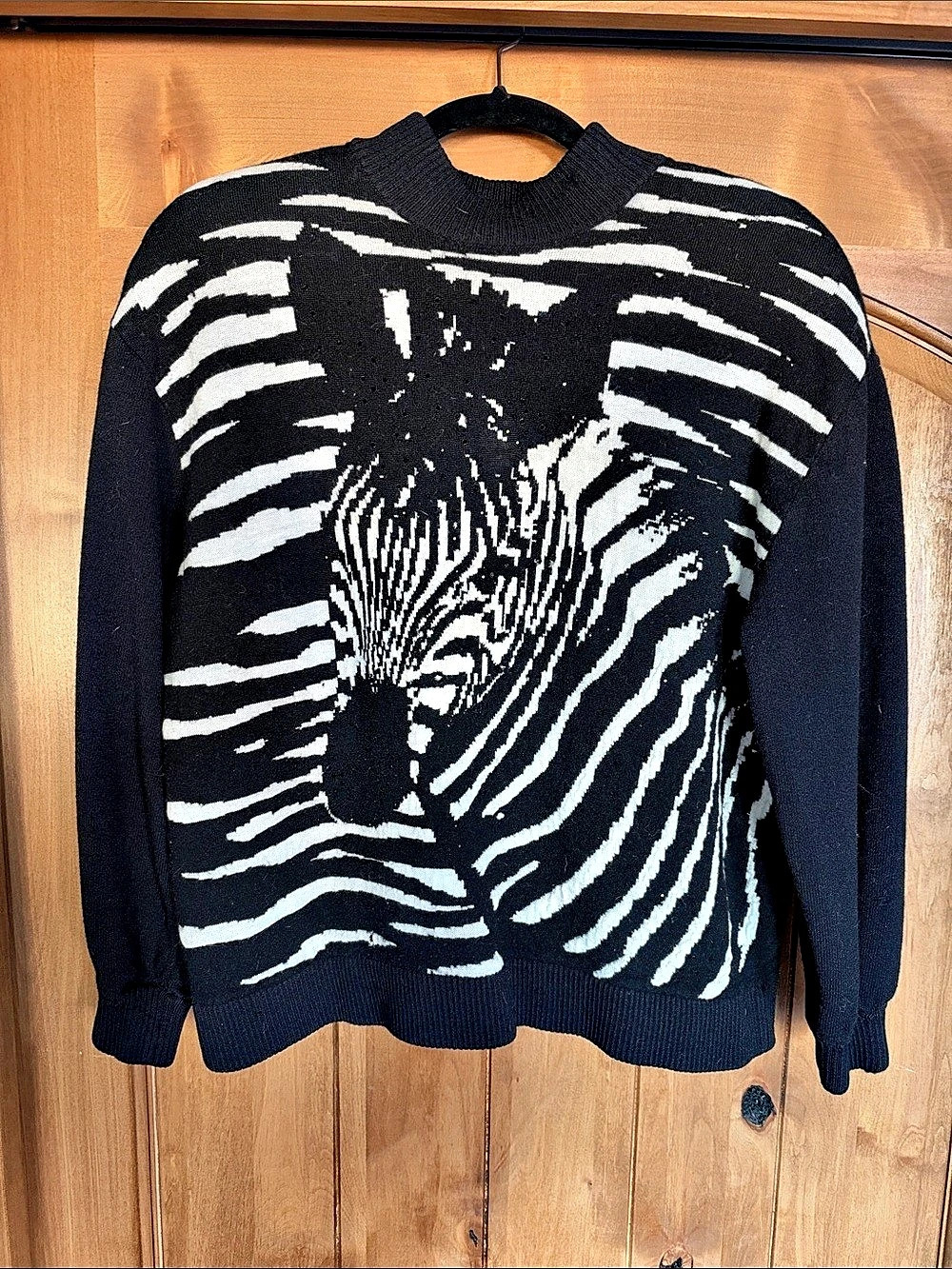 Zebra Print Intarsia-Knit Sweater in Black and White Black & White